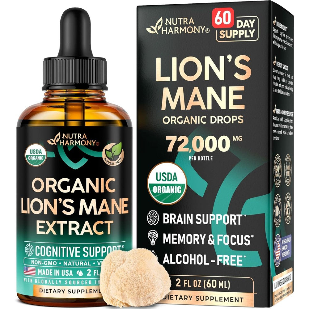 Nutraharmony Organic Lions Mane Mushroom Liquid Drops front view for cognitive support.