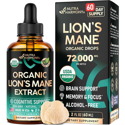 Nutraharmony Organic Lions Mane Mushroom Liquid Drops front view for cognitive support.
