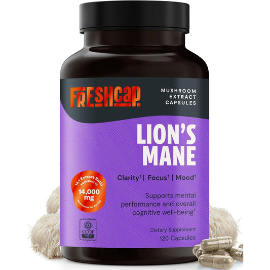 FreshCap Organic Lions Mane 14000mg front view bottle for premium brain support