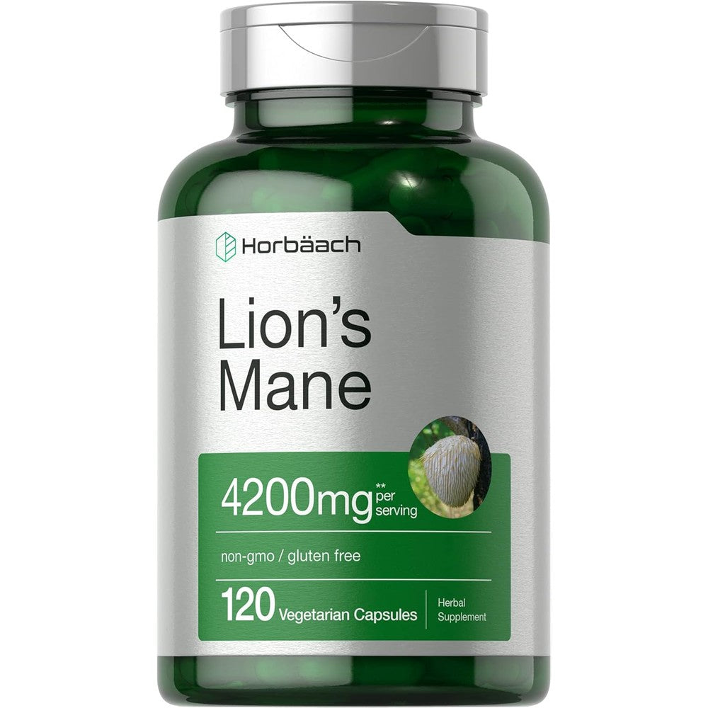 HorbÃ¤ach Lions Mane Mushroom Extract 120 capsules front bottle view for cognitive support.