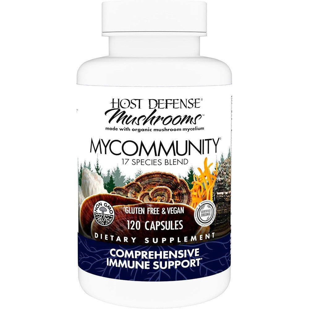 Host Defense MyCommunity 120 capsules front view showing packaging.