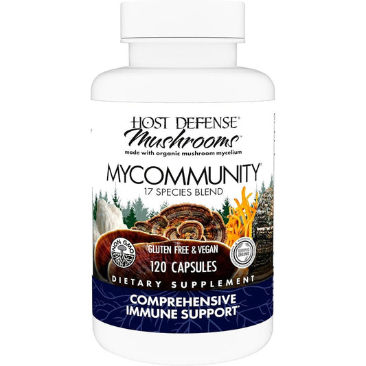 Host Defense MyCommunity 120 capsules front view showing packaging.