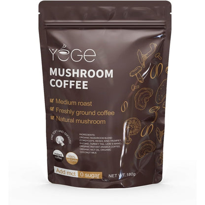 YEGE Mushroom Coffee 180g package front view displaying organic functional blend packaging.