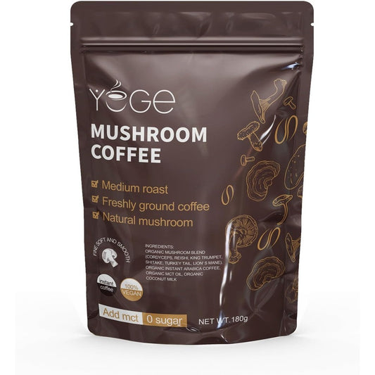 YEGE Mushroom Coffee 180g package front view displaying organic functional blend packaging.