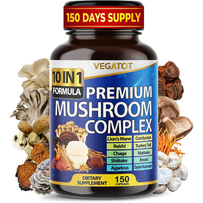 Vegatot 10 in 1 High Strength Mushroom Complex 150 capsules front view showcasing premium nootropic supplement packaging.