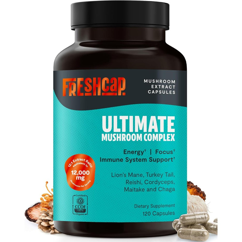FreshCap Mushrooms Ultimate Mushroom Complex bottle front view for organic immune support