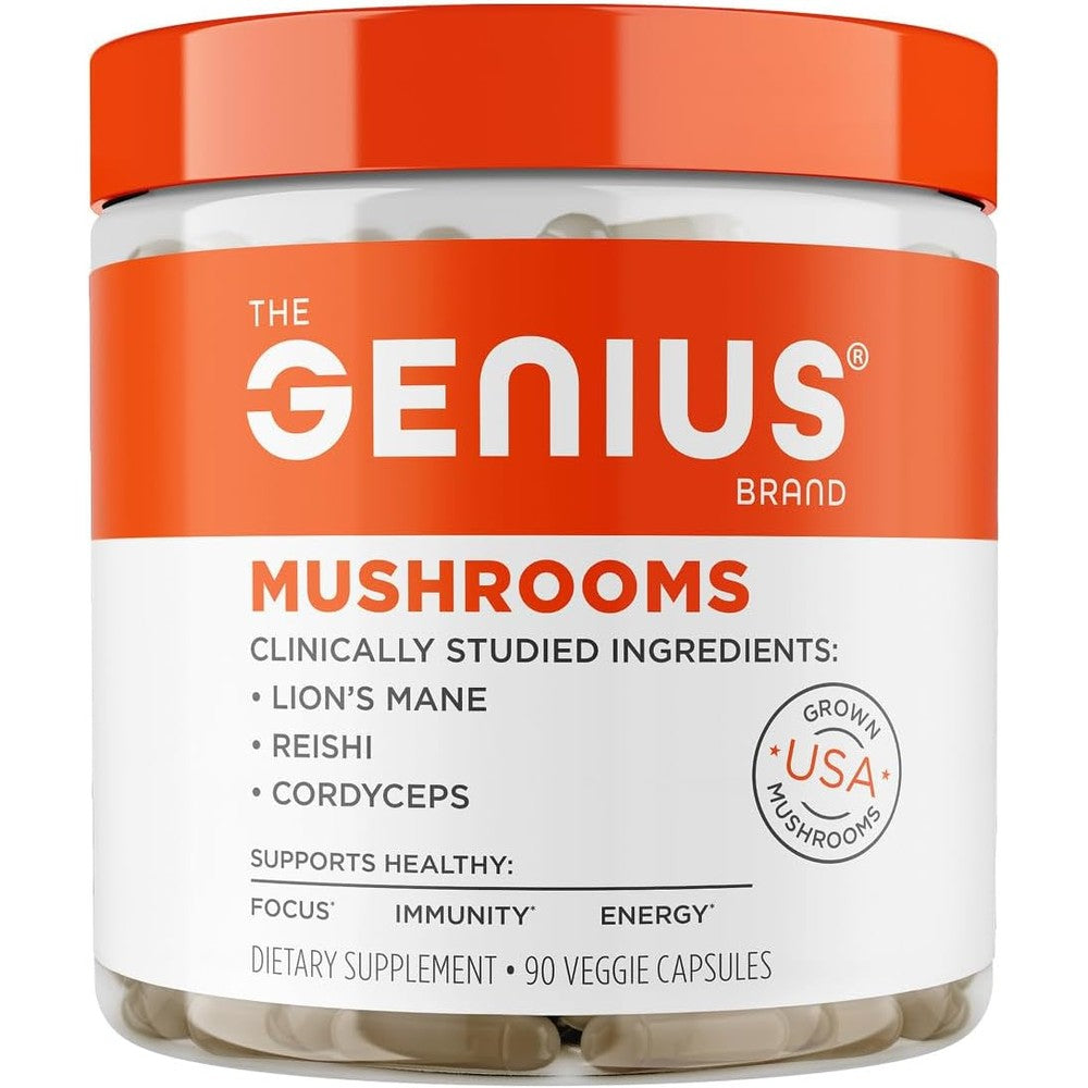 The Genius Brand Genius Mushrooms bottle front view showing organic immune focus and energy labels