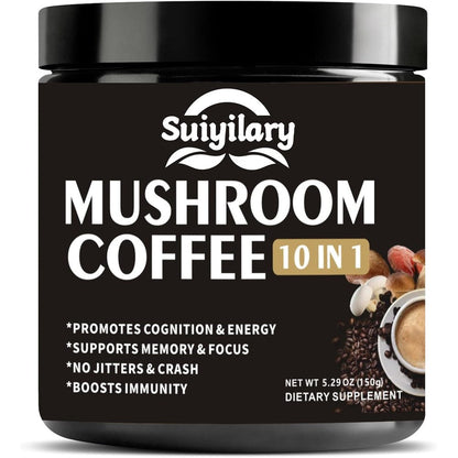 Suiyilary 10 Mushroom Coffee Powder front view jar packaging for sustained clean energy
