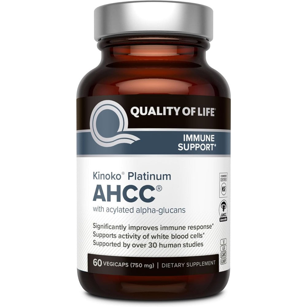 Quality of Life Premium Kinoko Platinum AHCC 750mg 60 capsules front view for premium immune support.