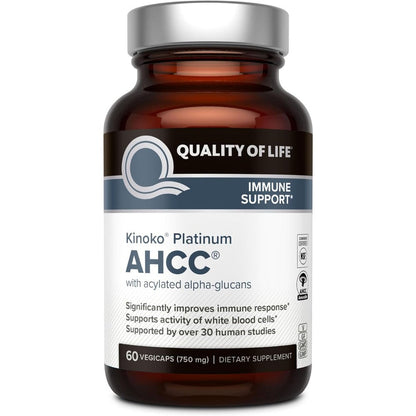 Quality of Life Premium Kinoko Platinum AHCC 750mg 60 capsules front view for premium immune support.