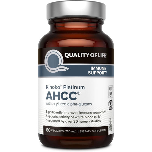 Quality of Life Premium Kinoko Platinum AHCC 750mg 60 capsules front view for premium immune support.