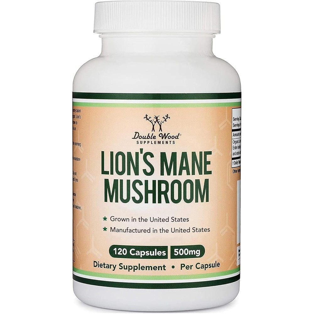 Double Wood Supplements Organic Lions Mane Mushroom 120 Capsules front view bottle for cognitive focus support