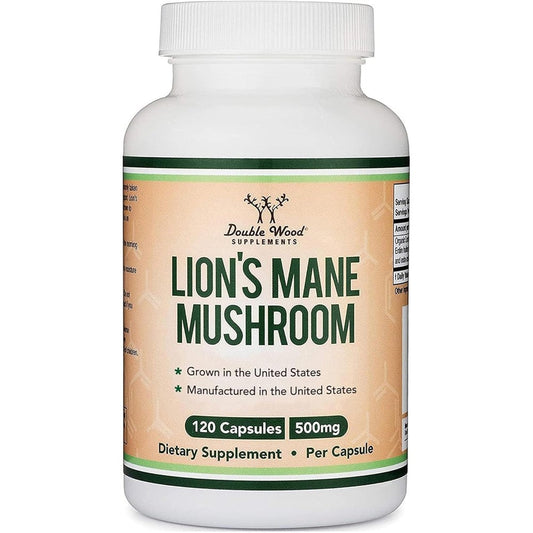 Double Wood Supplements Organic Lions Mane Mushroom 120 Capsules front view bottle for cognitive focus support