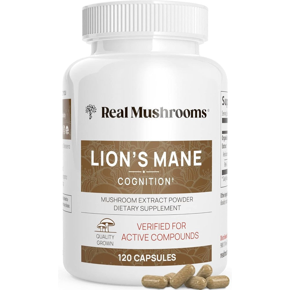 Real Mushrooms Organic Lions Mane Extract Capsules front bottle view for daily brain health support