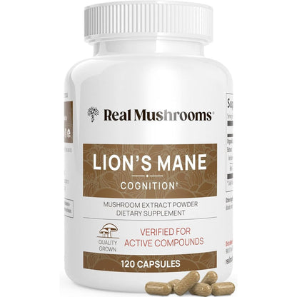 Real Mushrooms Organic Lions Mane Extract Capsules front bottle view for daily brain health support