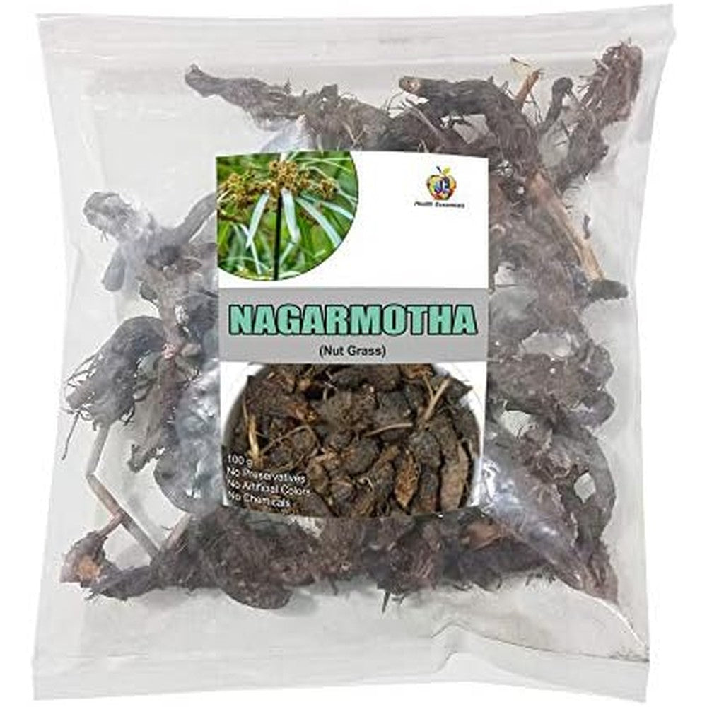 Jioo Organics Nagarmotha Nut Grass 100 Grams whole herb front packaging view for Ayurvedic hair care.