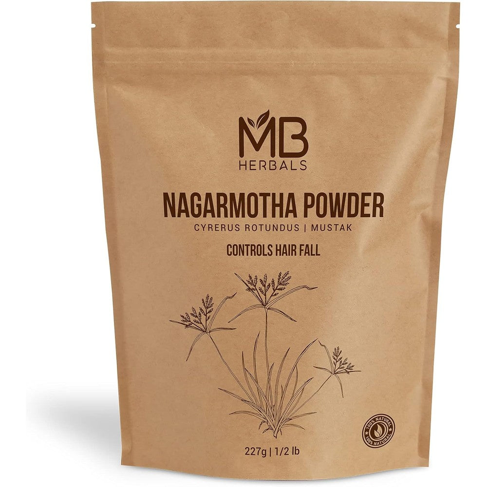 MB Herbals Nagarmotha Powder 227g front packaging view showing authentic Ayurvedic root powder for hair care.