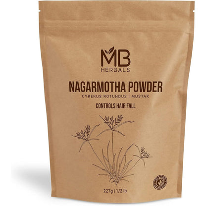 MB Herbals Nagarmotha Powder 227g front packaging view showing authentic Ayurvedic root powder for hair care.