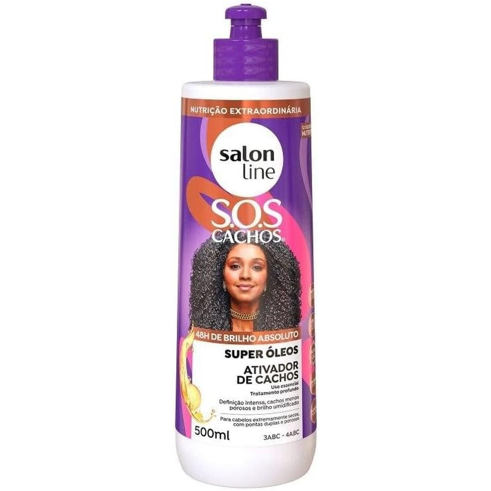 Salon Line SOS Cachos Super Oleos Curl Activator 500ml front view showing pump dispenser bottle for curly hair care.