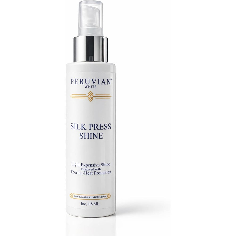 Peruvian White Silk Press Shine Enhanced with Therma-Heat Protection four ounce bottle front view premium hair salon heat protectant spray