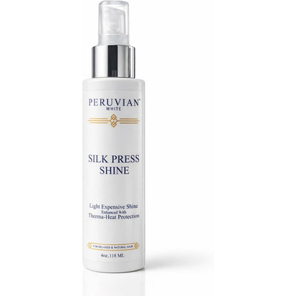 Peruvian White Silk Press Shine Enhanced with Therma-Heat Protection four ounce bottle front view premium hair salon heat protectant spray