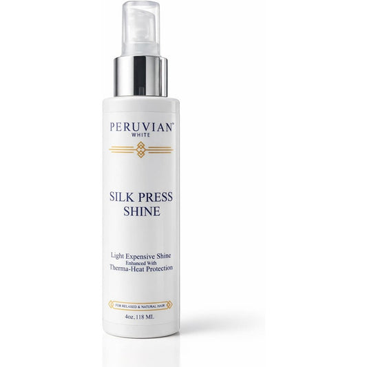 Peruvian White Silk Press Shine Enhanced with Therma-Heat Protection four ounce bottle front view premium hair salon heat protectant spray