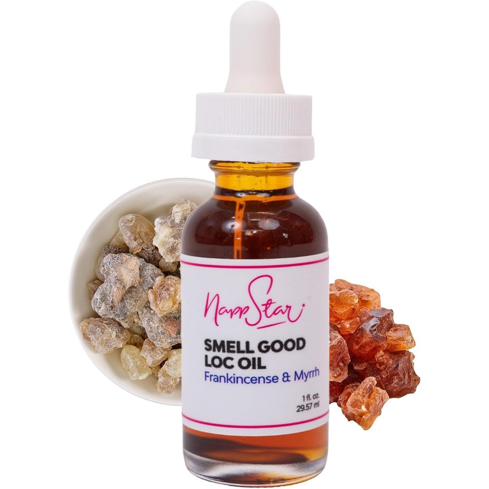 NappStar Frank and Myrrh Scented Smell Good Loc Oil front view bottle for natural hair fragrance