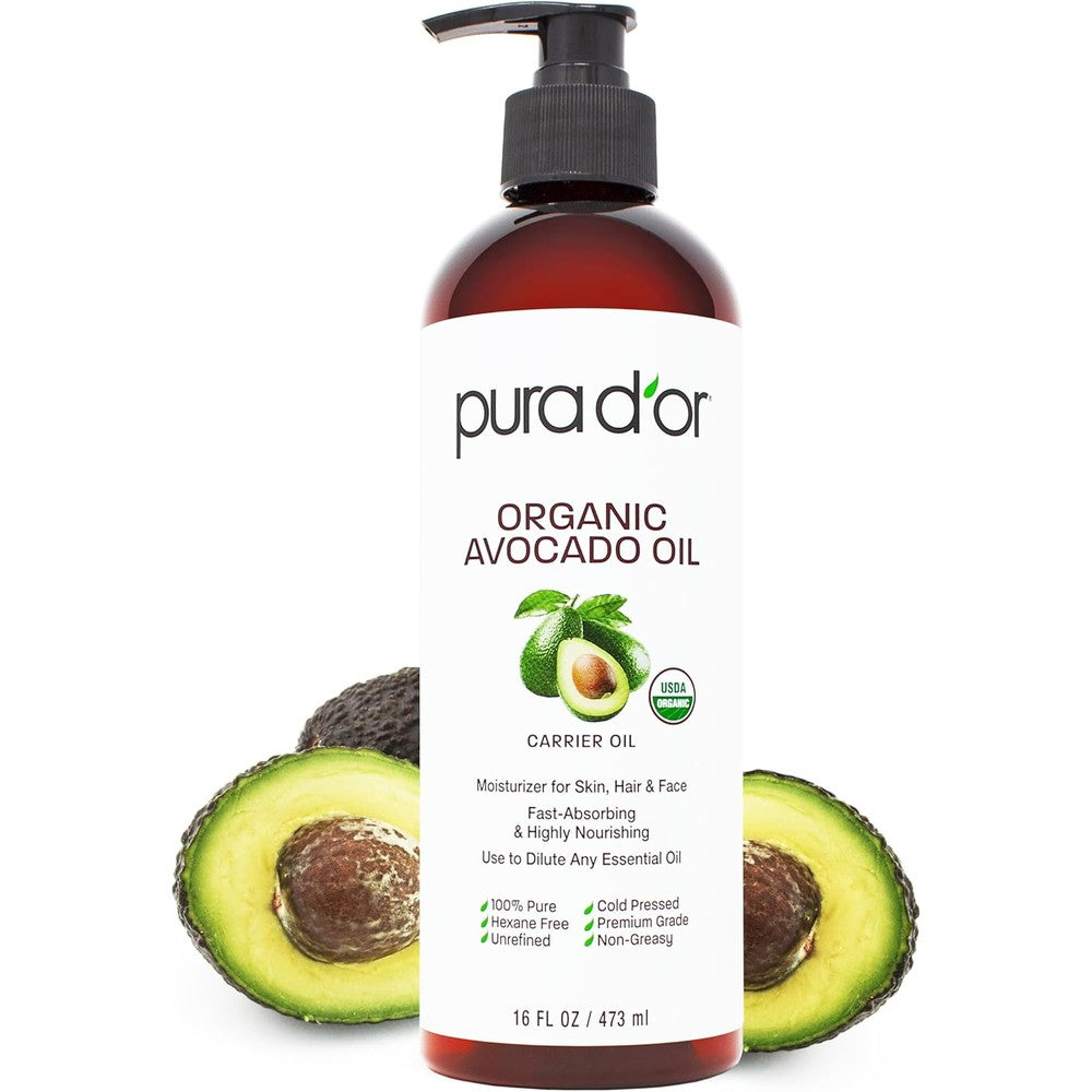 PURA D'OR Organic Avocado Oil front view bottle of pure cold pressed carrier oil for skin and hair