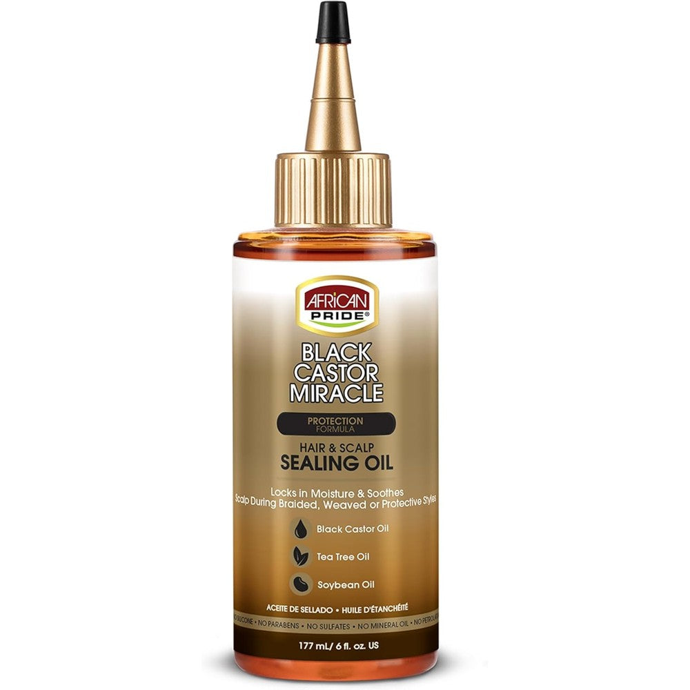 African Pride Black Castor Miracle Hair And Scalp Sealing Oil front view for moisture locking