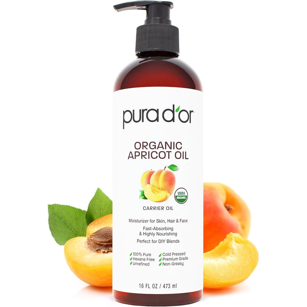 PURA DOR Organic Apricot Kernel Oil 16 Ounce front view bottle with pump