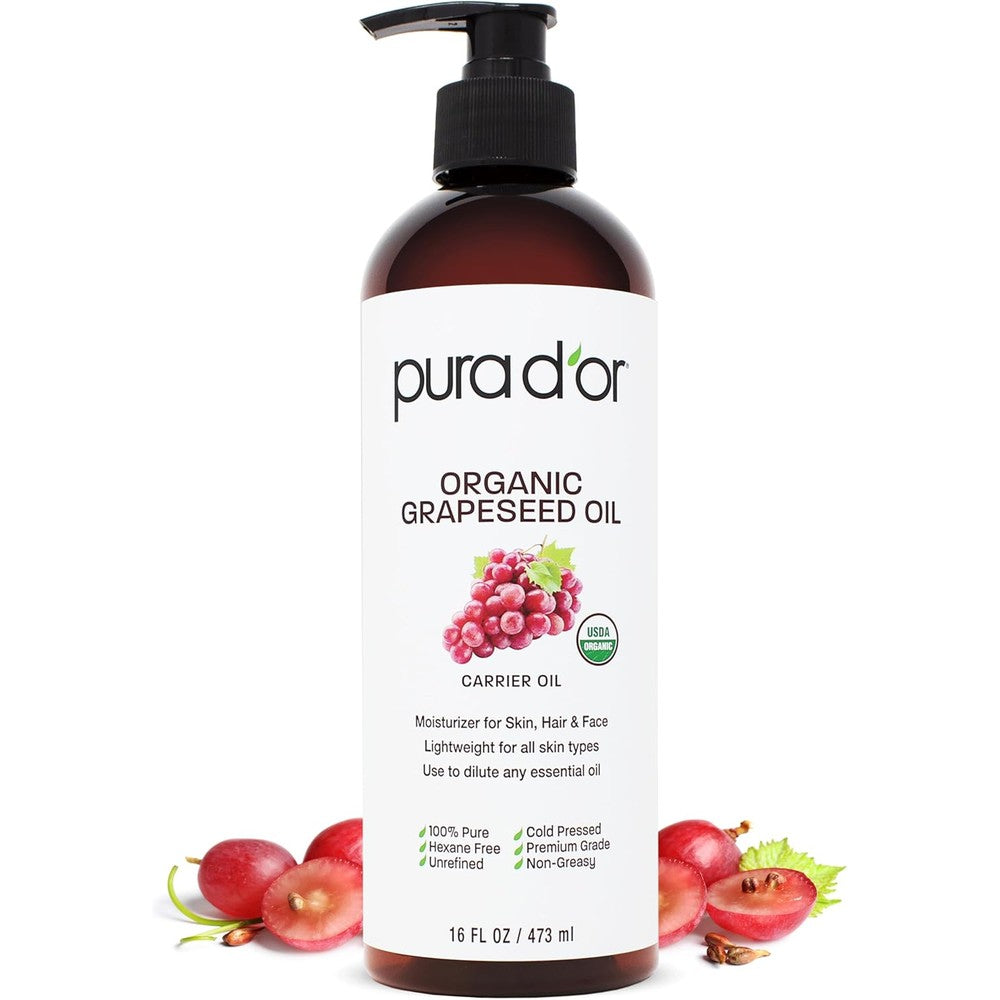 PURA D'OR Organic Grapeseed Oil sixteen ounce bottle front view premium skincare carrier oil