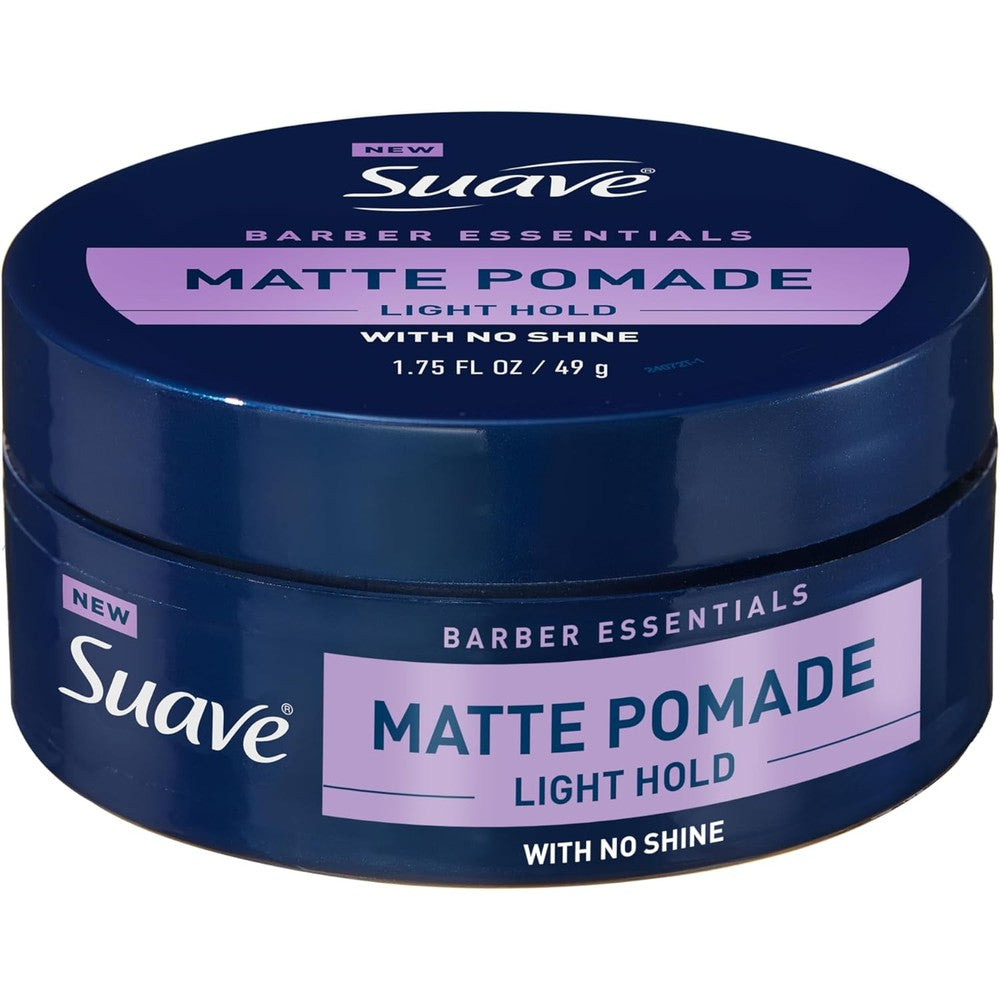 Suave Men Barber Essentials Matte Hair Pomade front view jar for natural men's grooming.