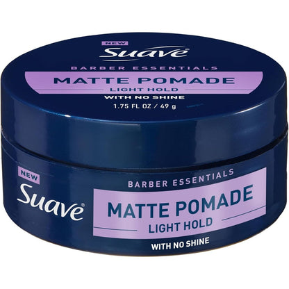 Suave Men Barber Essentials Matte Hair Pomade front view jar for natural men's grooming.