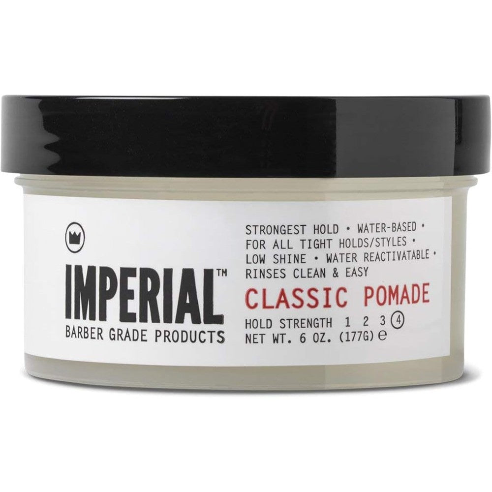 Imperial Barber Grade Products Classic Pomade 6 Ounce jar front view showing authentic branding for strong hold hair styling.