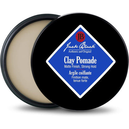 Jack Black Clay Pomade front view of 2.75 ounce jar matte finish hair styling cream