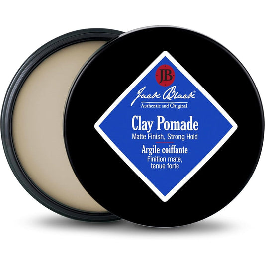 Jack Black Clay Pomade front view of 2.75 ounce jar matte finish hair styling cream