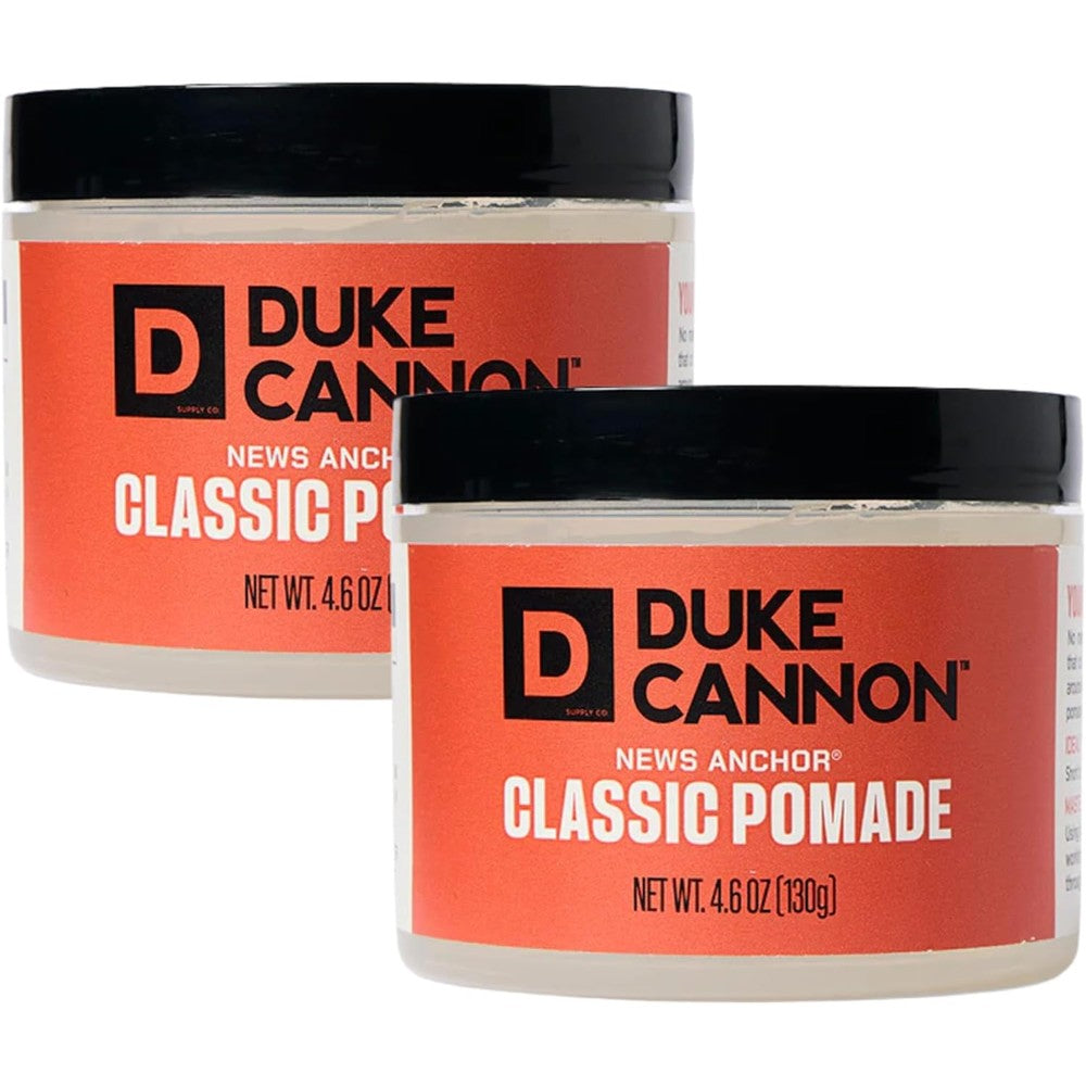 Duke Cannon News Anchor Hold Pomade front view of two pack jars showing strong hold label