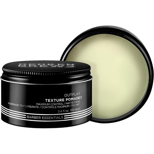 Redken Brews Outplay Texture Pomade front view jar for professional men styling