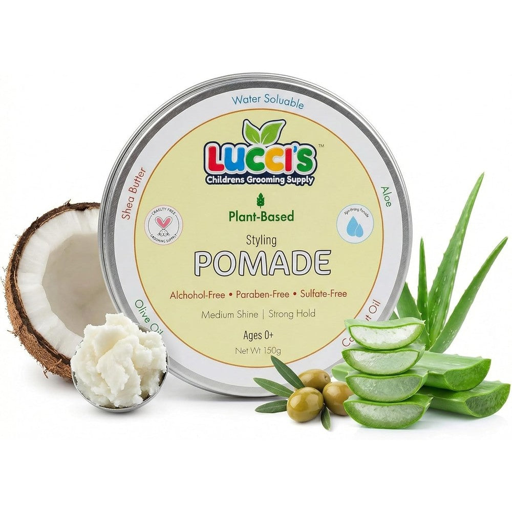 Luccis Childrens Grooming Supply Baby Hair Gel five ounce front view package showing natural plant-based styling pomade