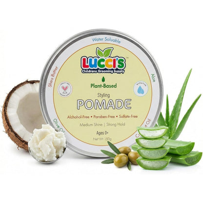 Luccis Childrens Grooming Supply Baby Hair Gel five ounce front view package showing natural plant-based styling pomade