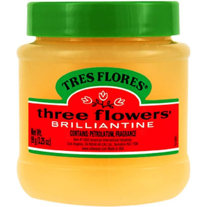 Three Flowers Brilliantine Solid Pomade 3.25 Ounce jar front view high shine hair dressing