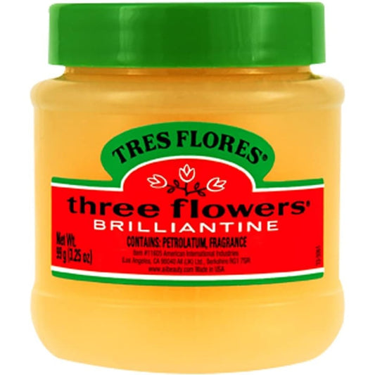 Three Flowers Brilliantine Solid Pomade 3.25 Ounce jar front view high shine hair dressing