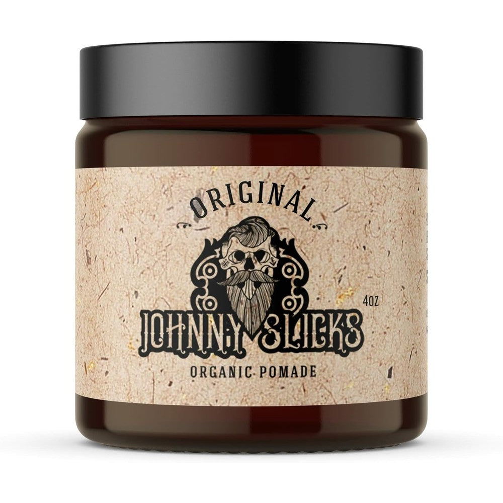 Johnny Slicks Oil Based Pomade front view showing the 4 Ounce original scent jar for premium men grooming.