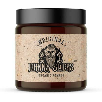 Johnny Slicks Oil Based Pomade front view showing the 4 Ounce original scent jar for premium men grooming.