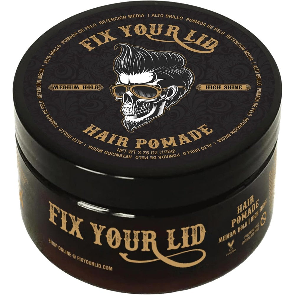 Fix Your Lid Hair Pomade front view container showing medium hold and high shine details for men