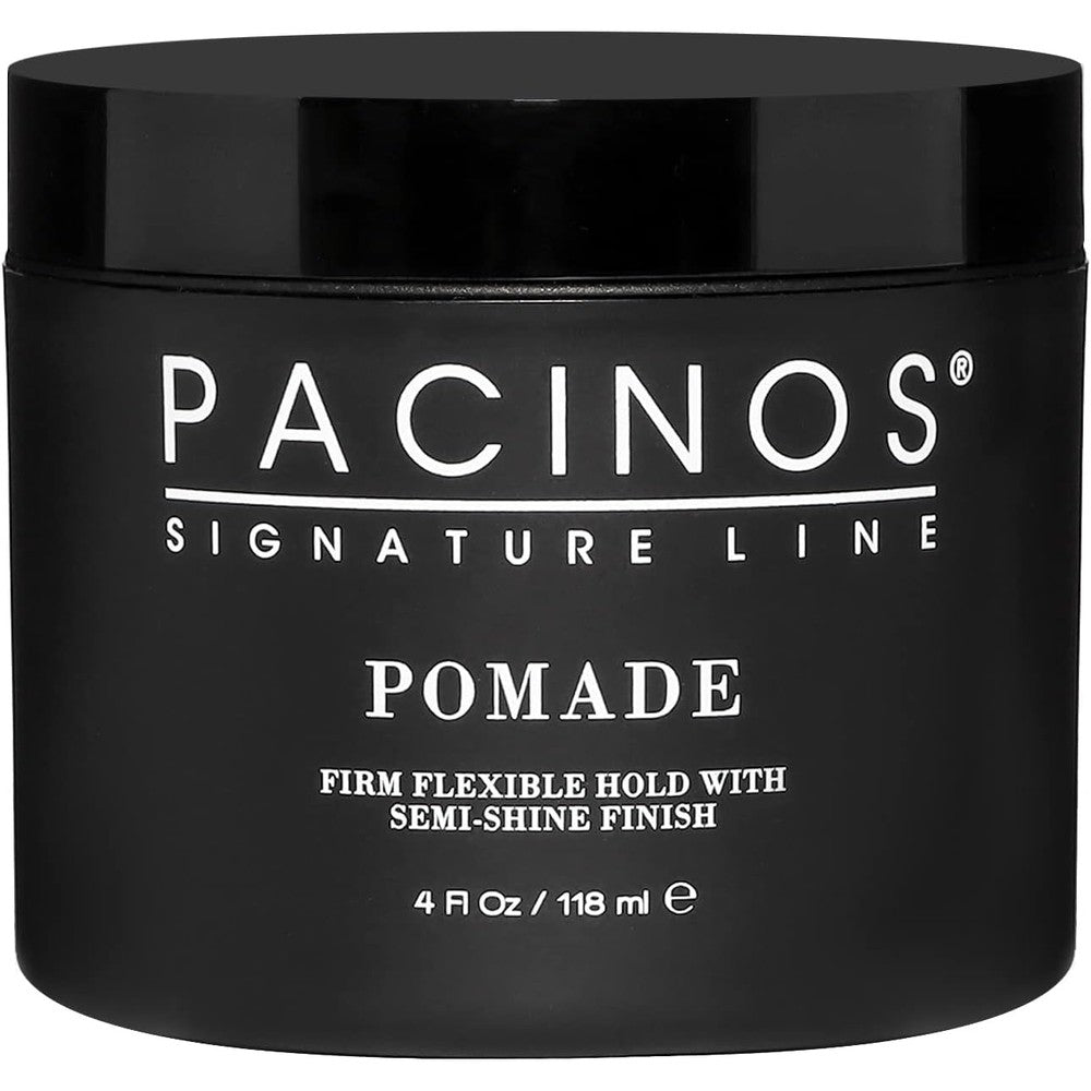 Pacinos Signature Line Pomade 4 Ounce tub front view showcasing premium hair styling gel packaging