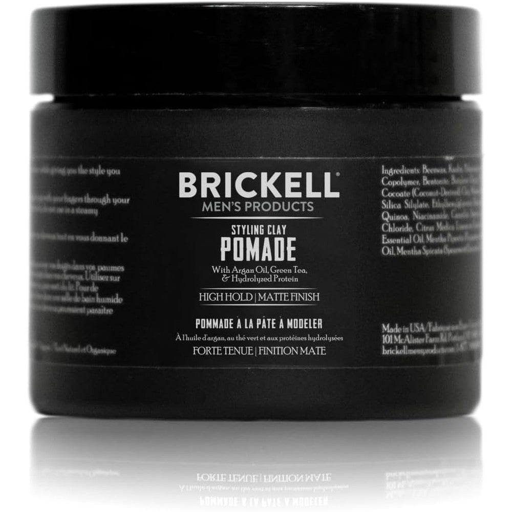 Brickell Men's Products Hair Styling Clay Pomade front view jar for strong hold hair care