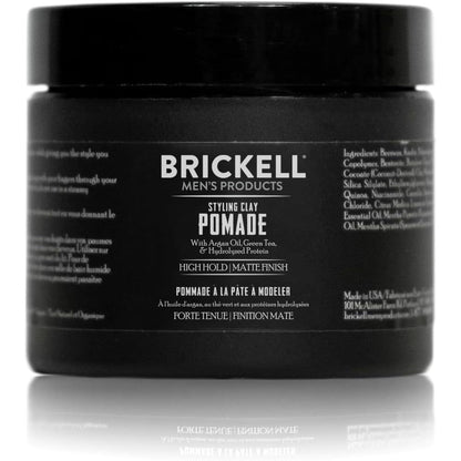 Brickell Men's Products Hair Styling Clay Pomade front view jar for strong hold hair care