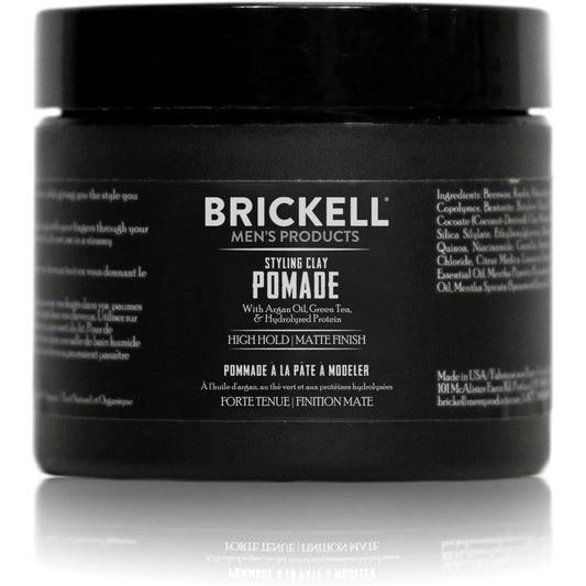 Brickell Men's Products Hair Styling Clay Pomade front view jar for strong hold hair care