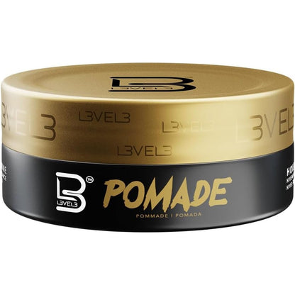 L3VEL3 Hair Styling Pomade front view container showcasing clear strong hold formula